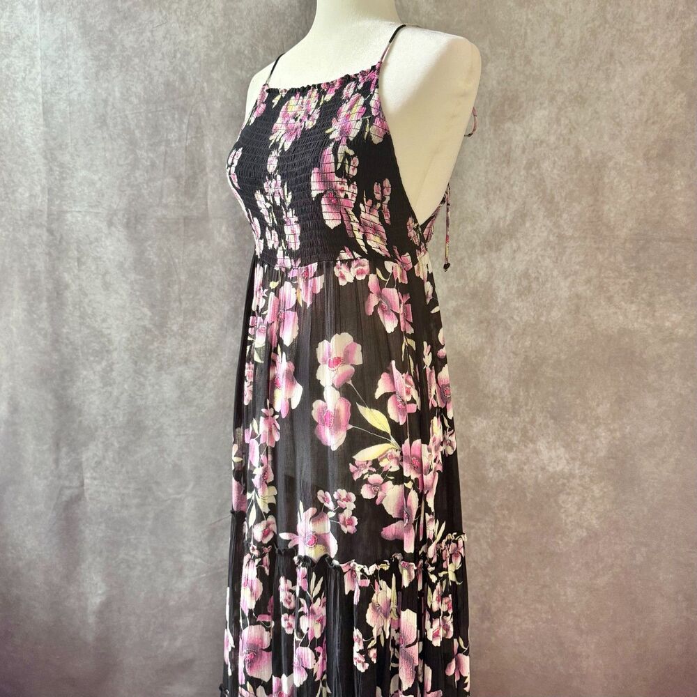 Free People Garden Party maxi dress womens XS black floral smocked tiered boho